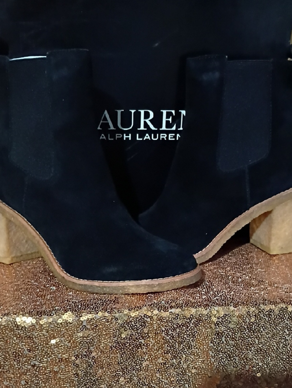 Ralph Lauren Black Suede Ankle Booties with Stacked Heel